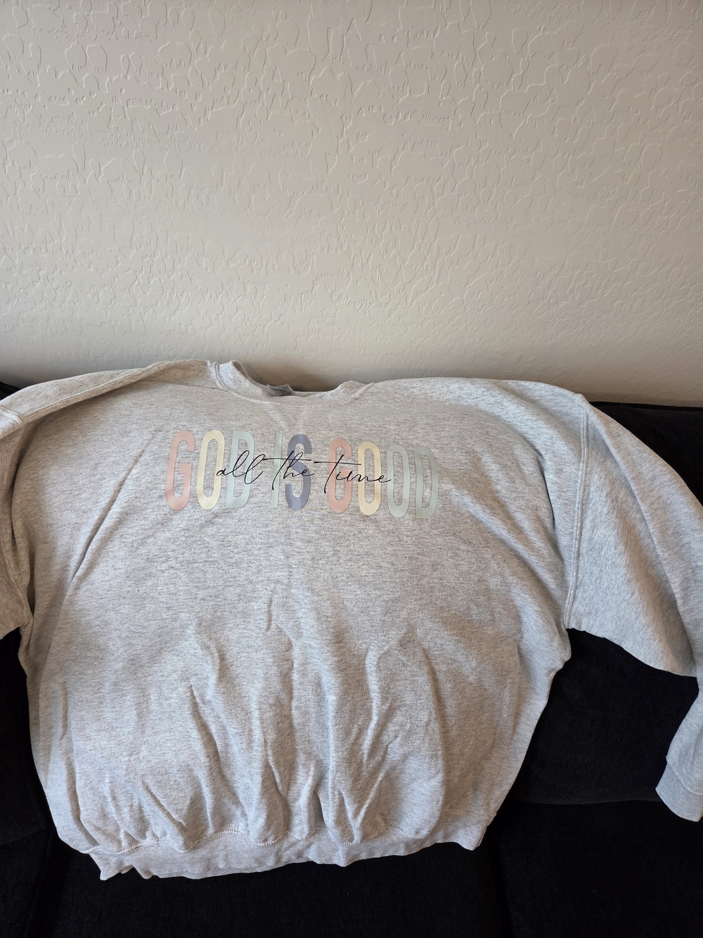 Gildan Light Gray 'Good is Good' Crewneck Sweatshirt with Pastel Graphic